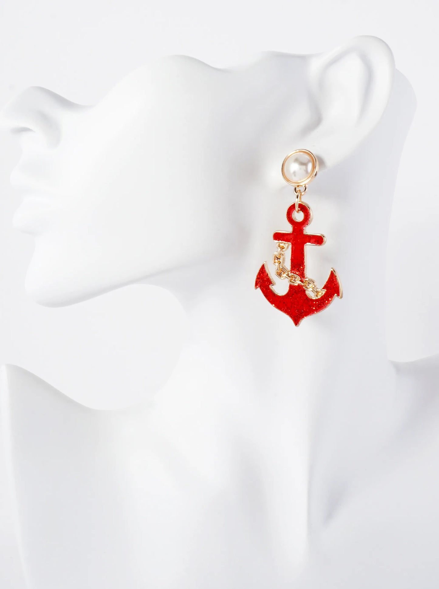 Nautical-Theme Enamel Anchor Drop Pearl Post Statement Earrings