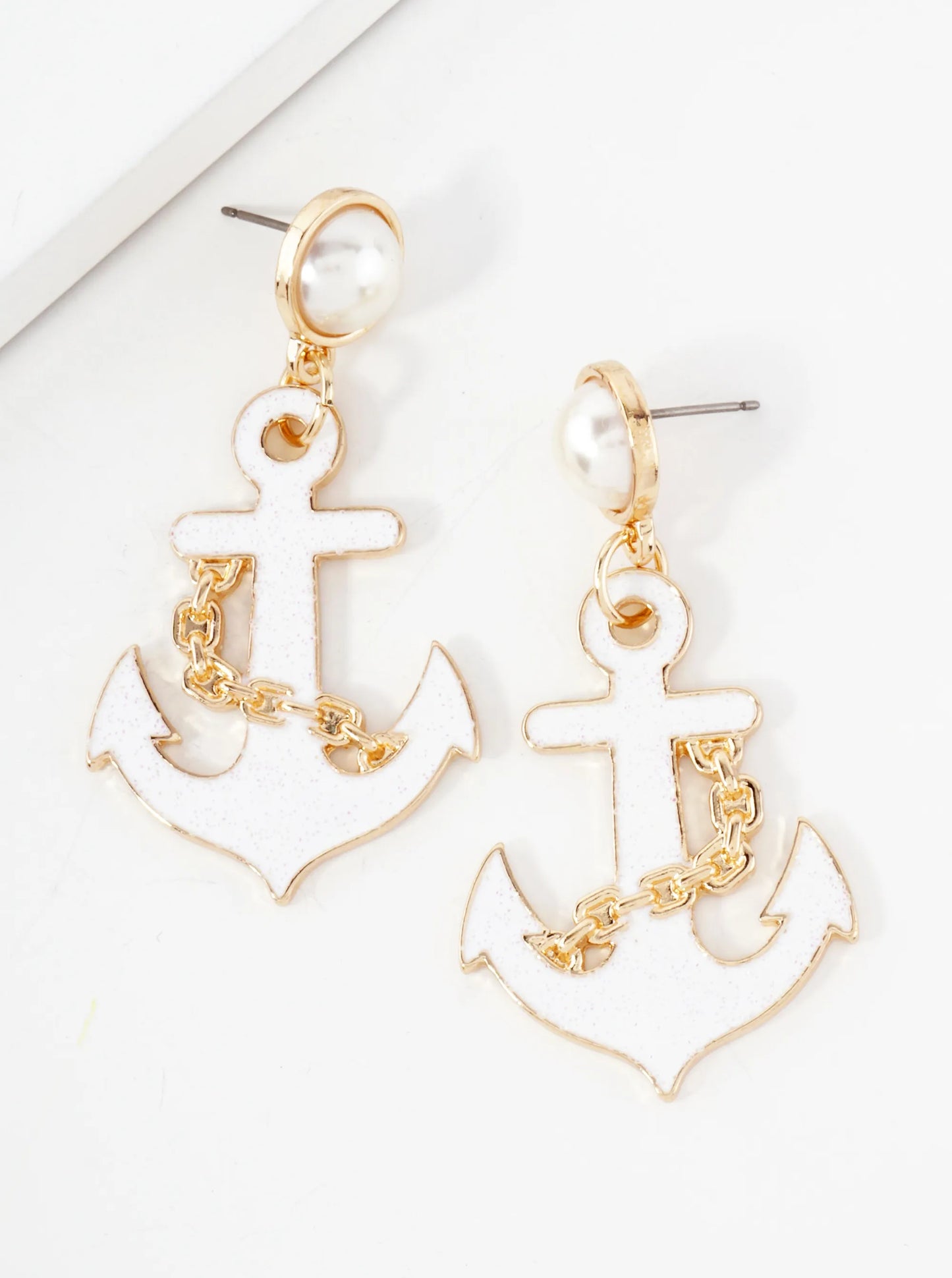 Nautical-Theme Enamel Anchor Drop Pearl Post Statement Earrings