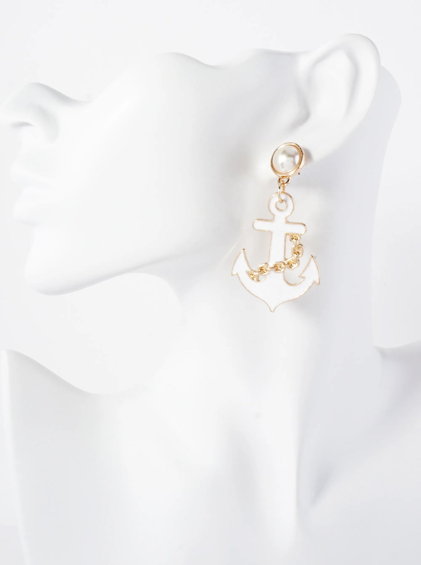 Nautical-Theme Enamel Anchor Drop Pearl Post Statement Earrings