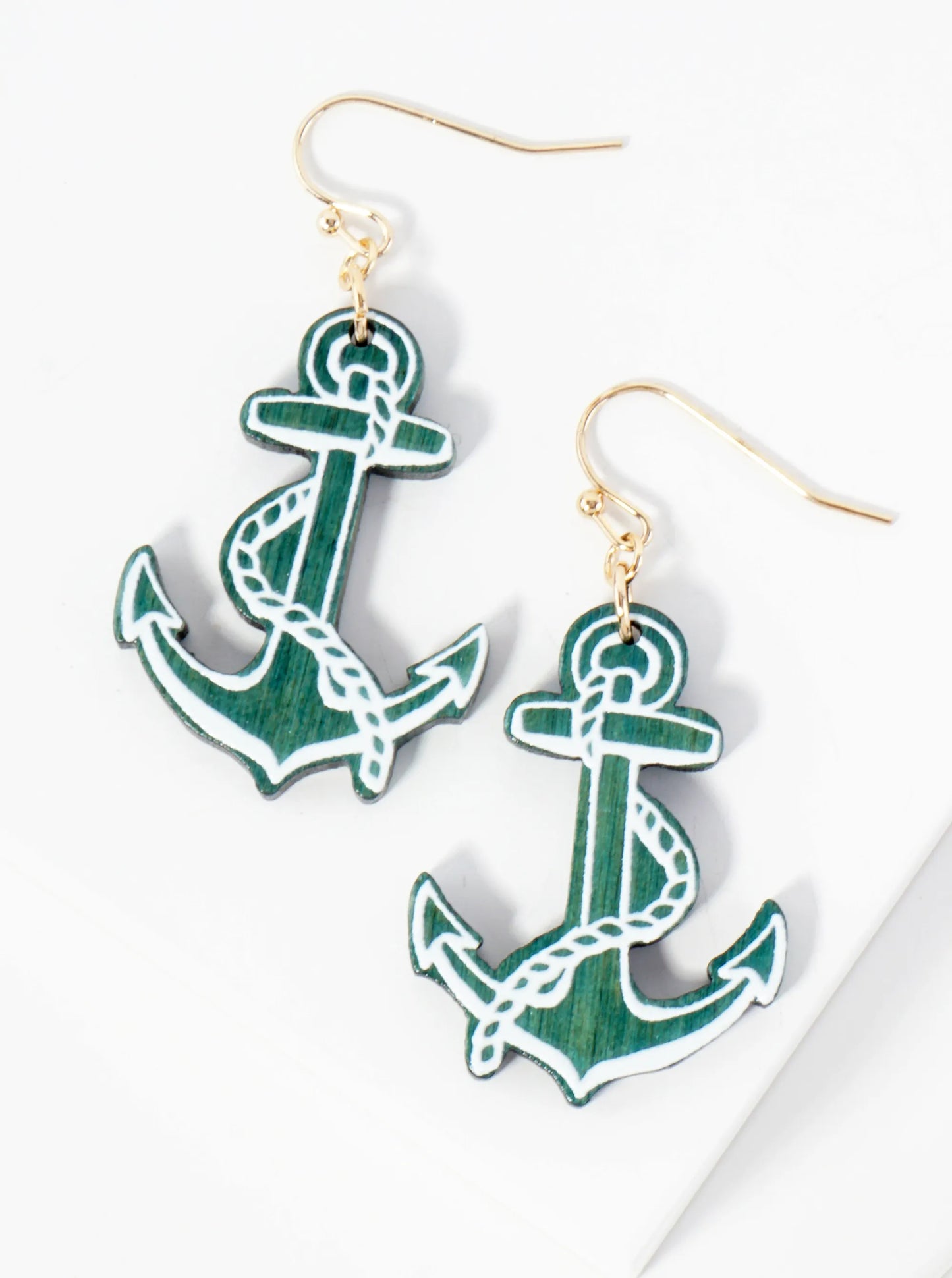 Nautical-Theme Laser-Cut Wood Anchor Dangle Drop Earrings