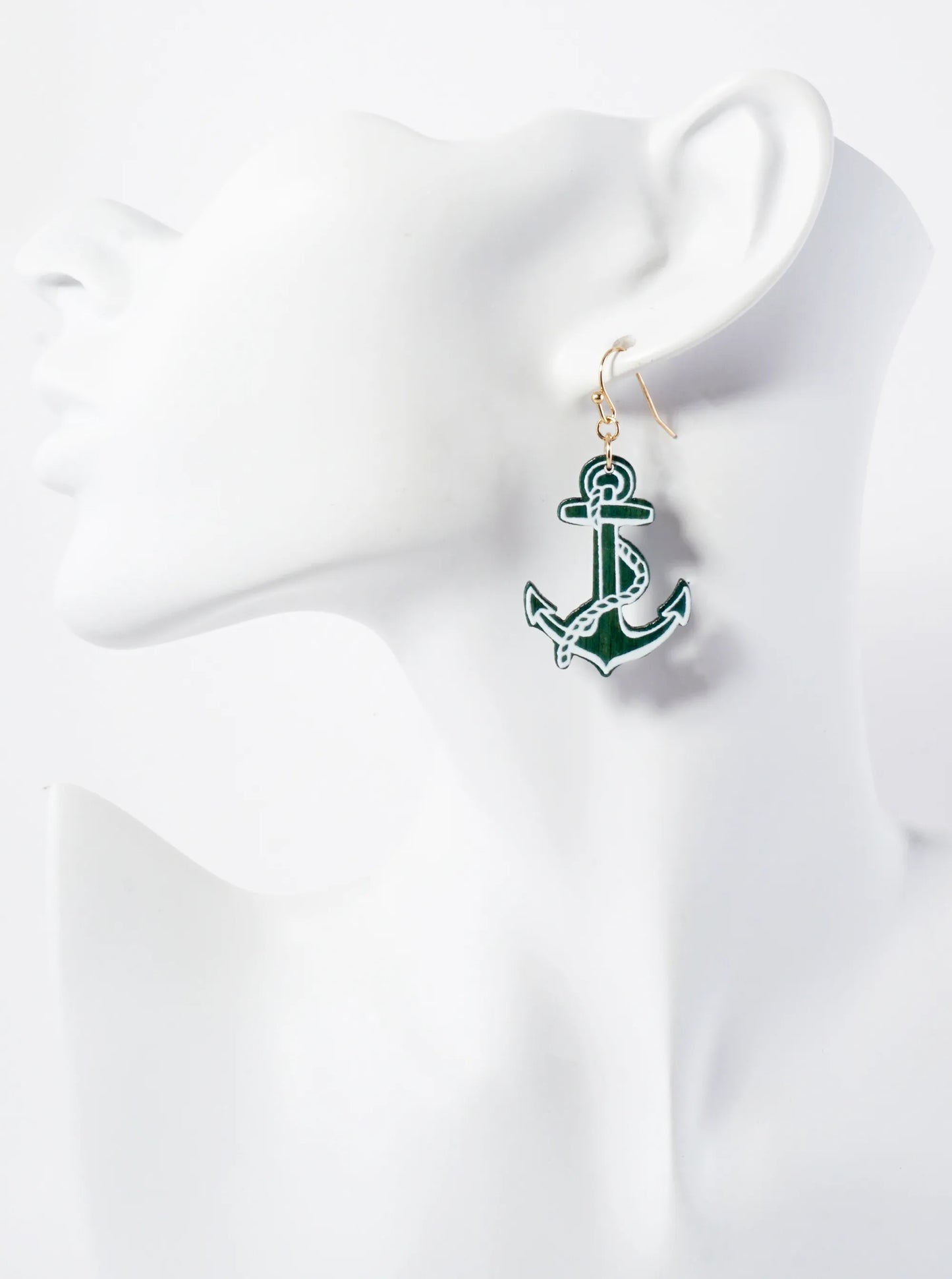 Nautical-Theme Laser-Cut Wood Anchor Dangle Drop Earrings