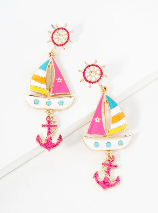 Nautical-Theme Pearl Beaded Anchor Boat Drop Wheel Post Statement Earrings