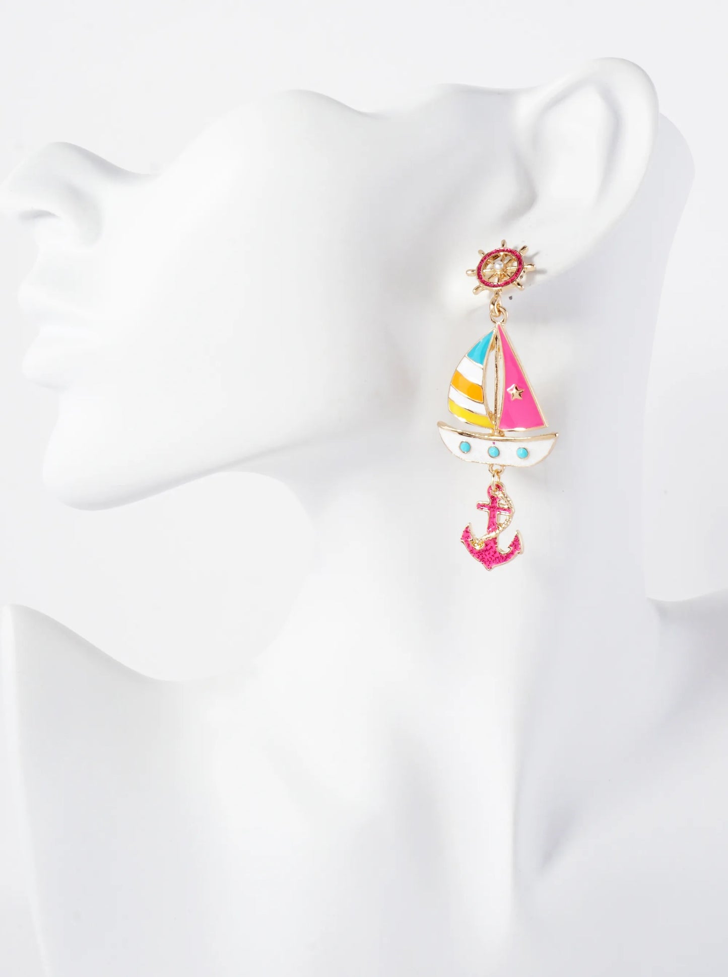 Nautical-Theme Pearl Beaded Anchor Boat Drop Wheel Post Statement Earrings