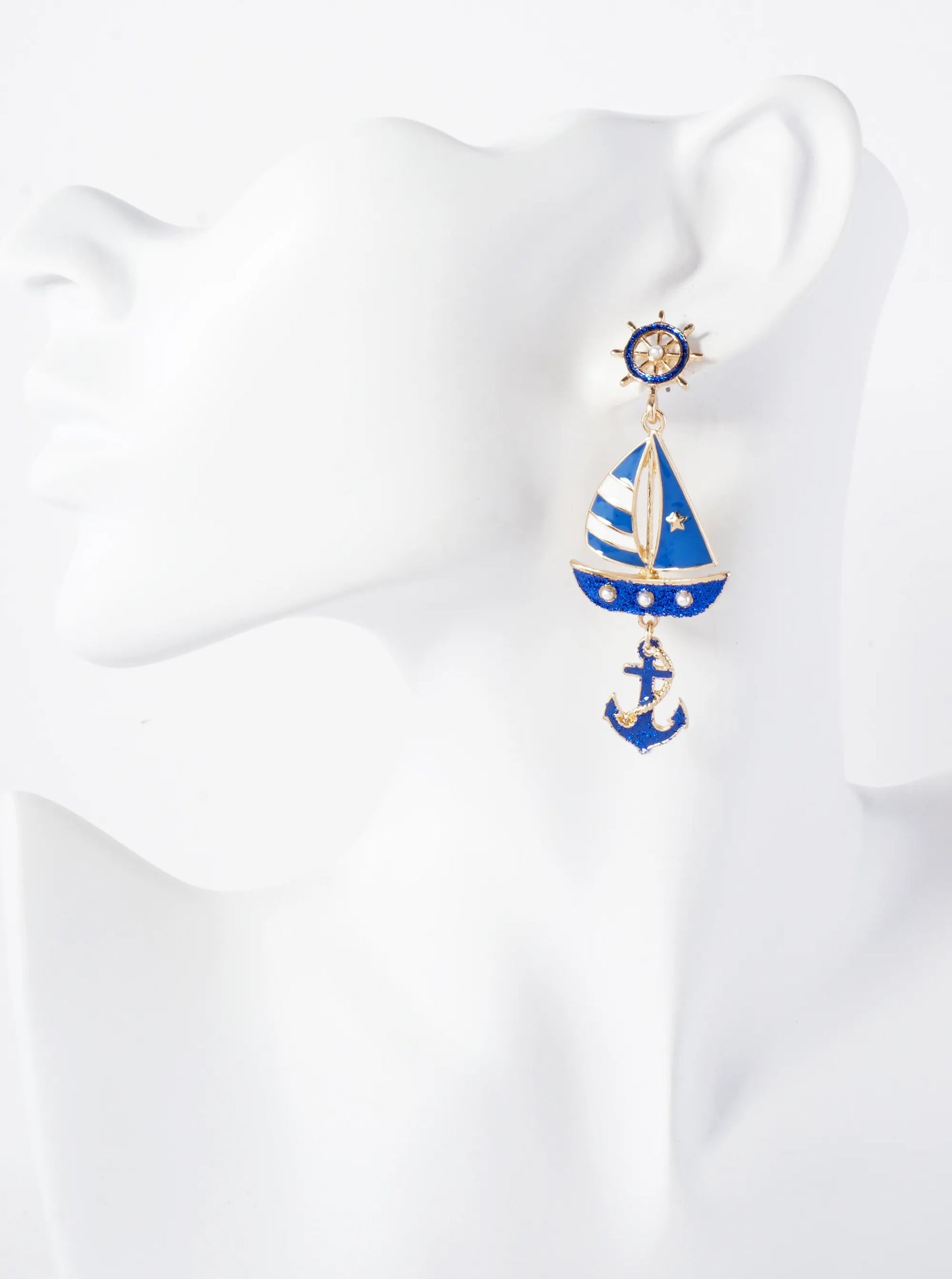 Nautical-Theme Pearl Beaded Anchor Boat Drop Wheel Post Statement Earrings