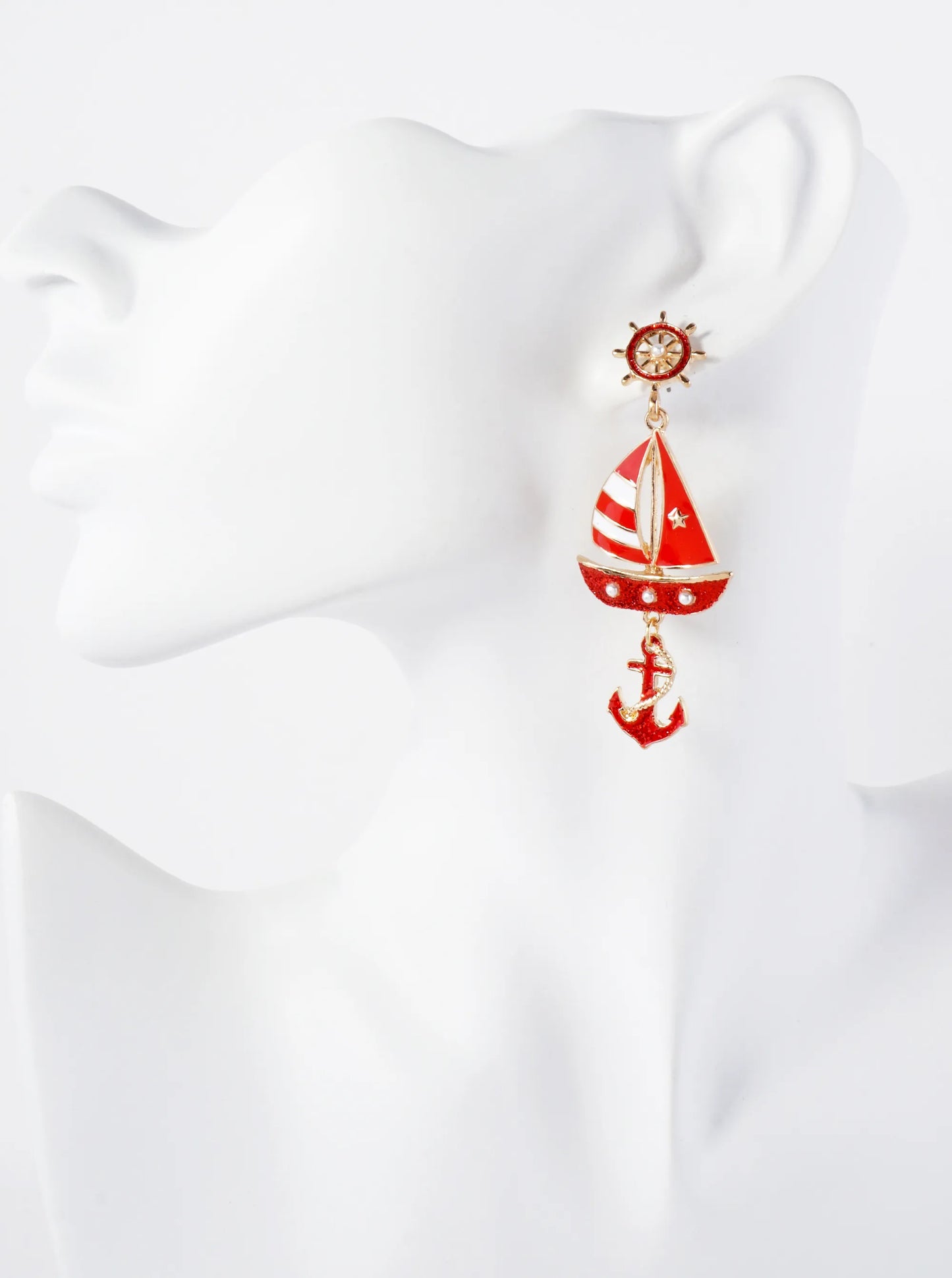 Nautical-Theme Pearl Beaded Anchor Boat Drop Wheel Post Statement Earrings