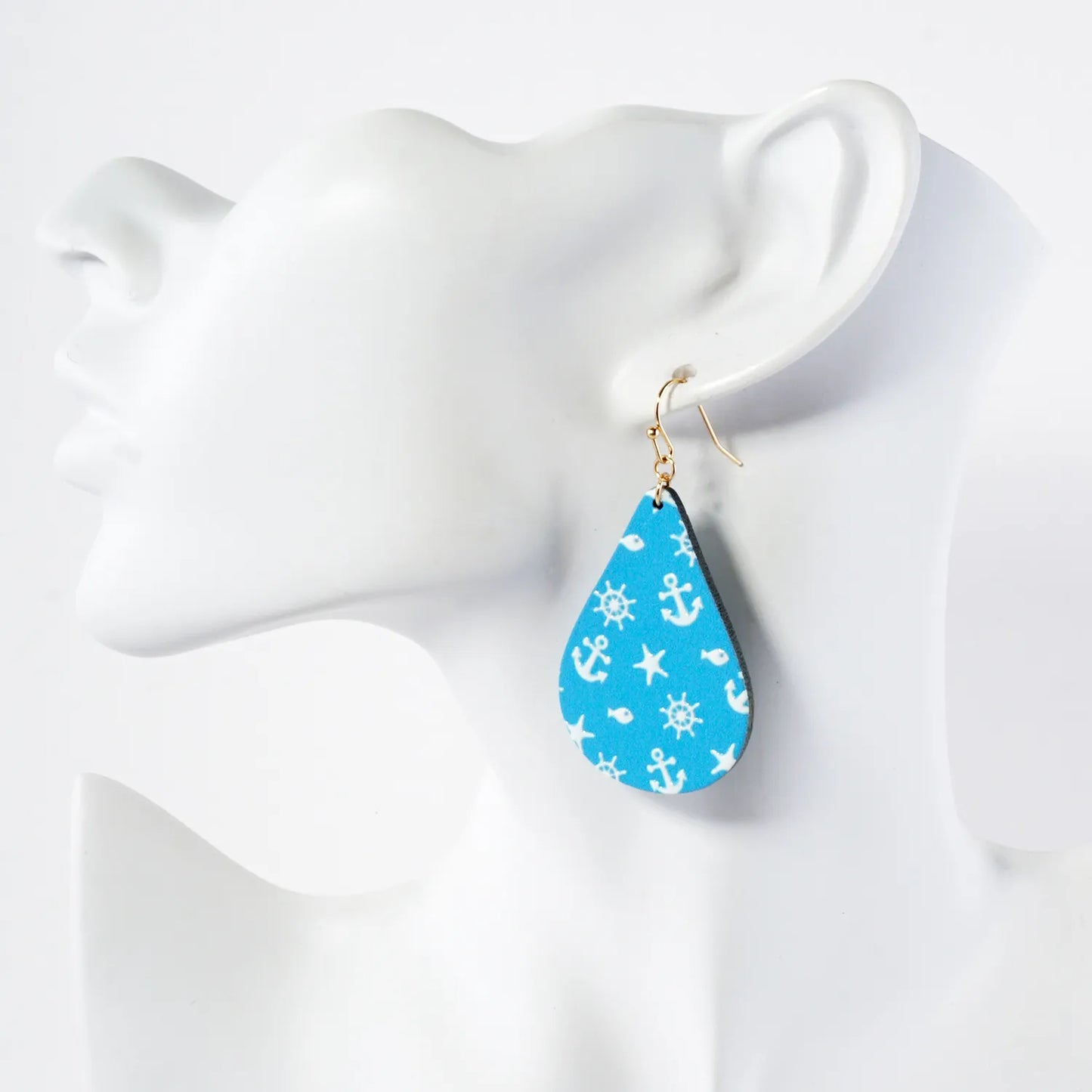 Nautical-Theme Printed Wood Teardrop Dangle Earrings