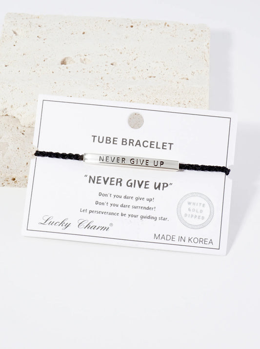 Never Give Up Engraved 18K Gold Dipped Curved Brass Tube Bar Adjustable Pull Tie Bracelet