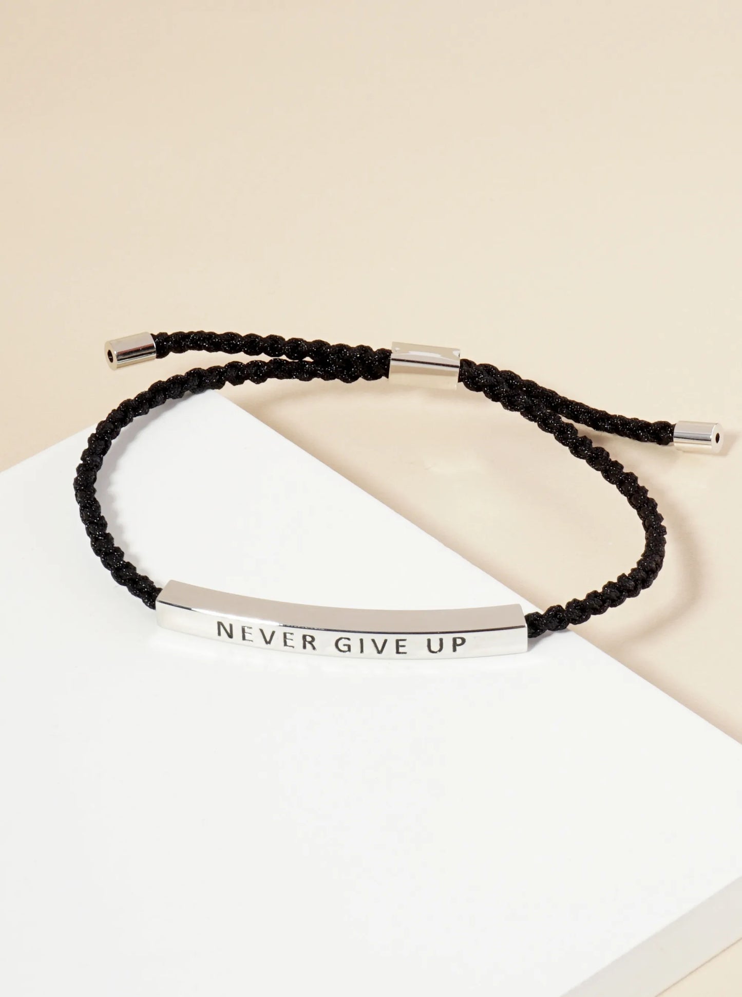 Never Give Up Engraved 18K Gold Dipped Curved Brass Tube Bar Adjustable Pull Tie Bracelet