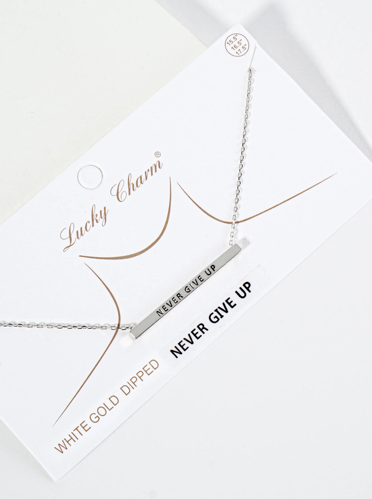Never Give Up Engraved 18K Gold Dipped Horizontal Brass Bar Pendant Inspirational Necklace