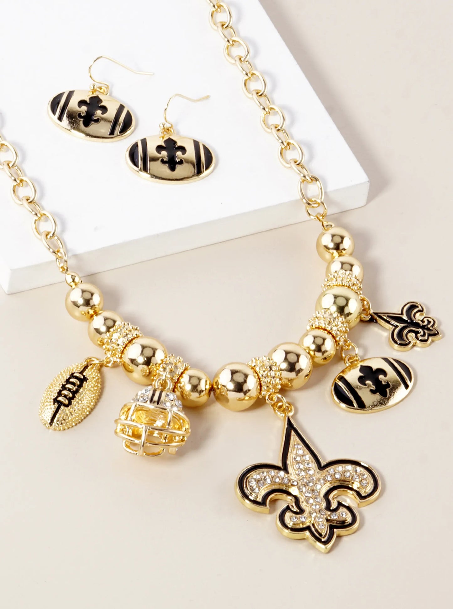New Orleans Saints Fleur De Lis Rhinestone Football Necklace