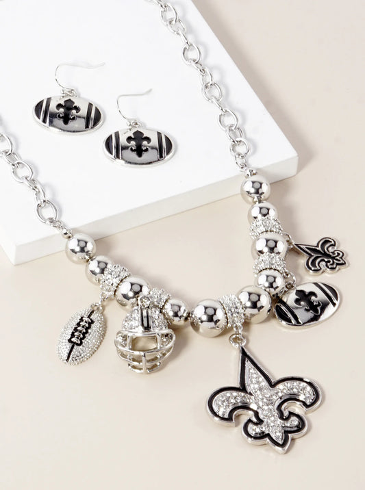 New Orleans Saints Fleur De Lis Rhinestone Football Necklace