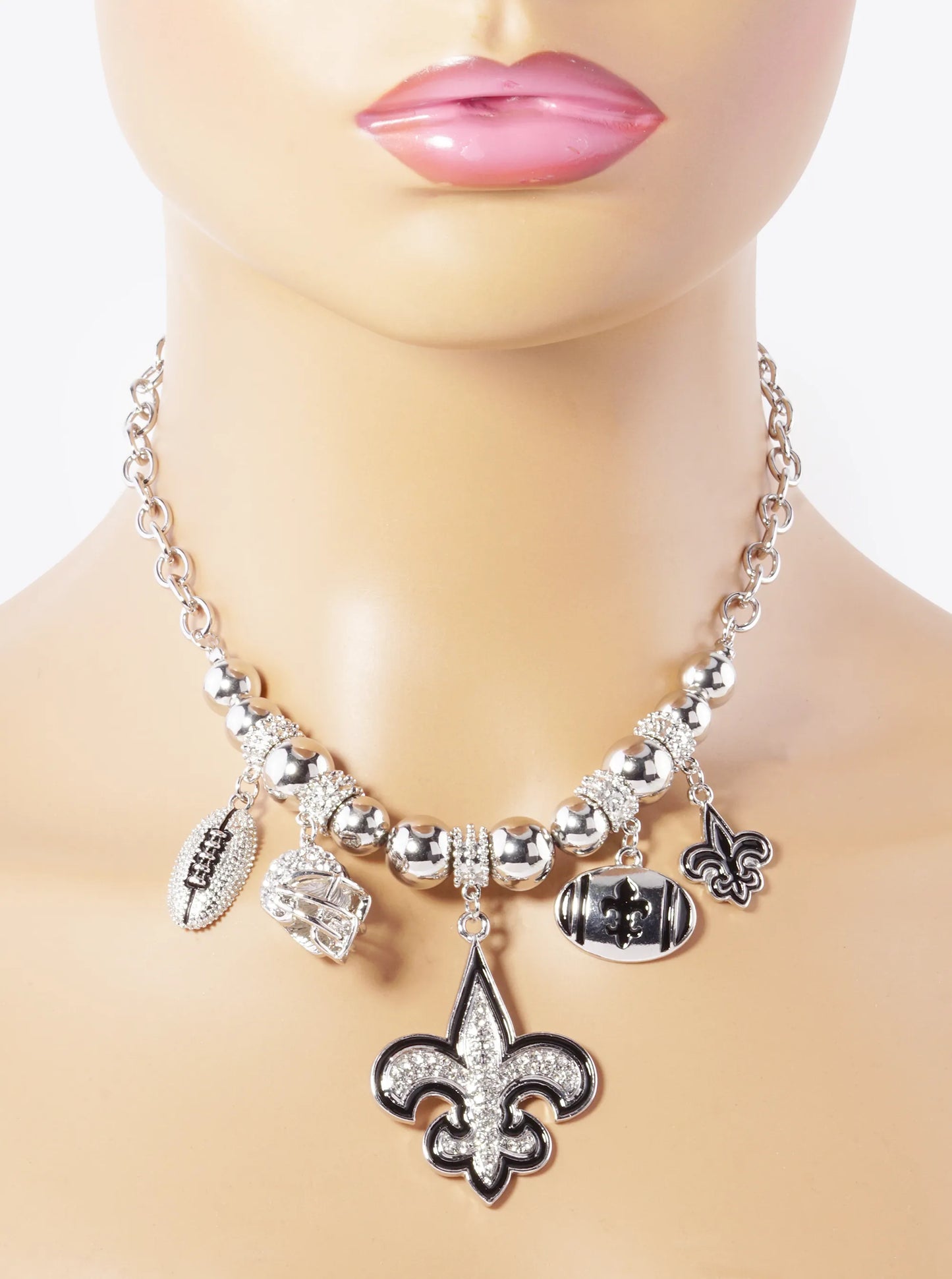 New Orleans Saints Fleur De Lis Rhinestone Football Necklace
