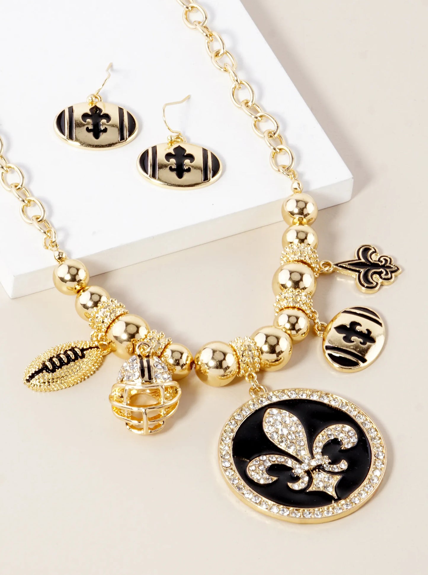 New Orleans Saints Fleur De Lis Rhinestone Football Necklace
