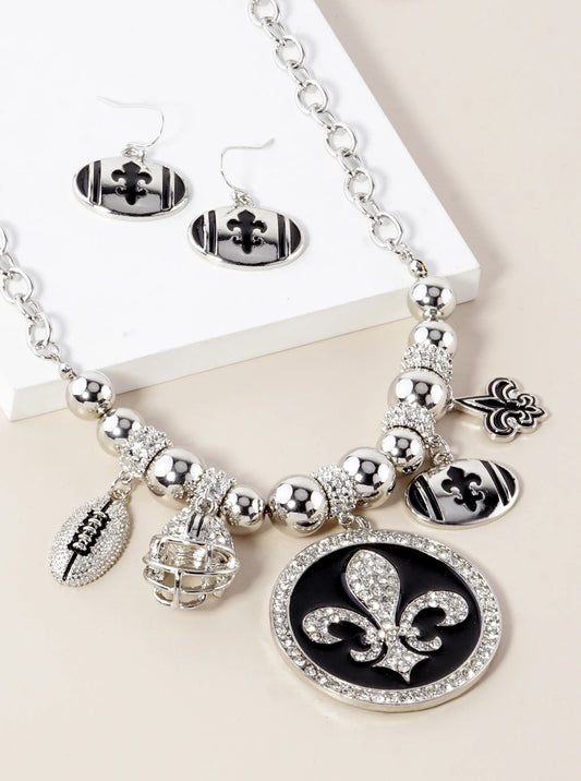 New Orleans Saints Fleur De Lis Rhinestone Football Necklace