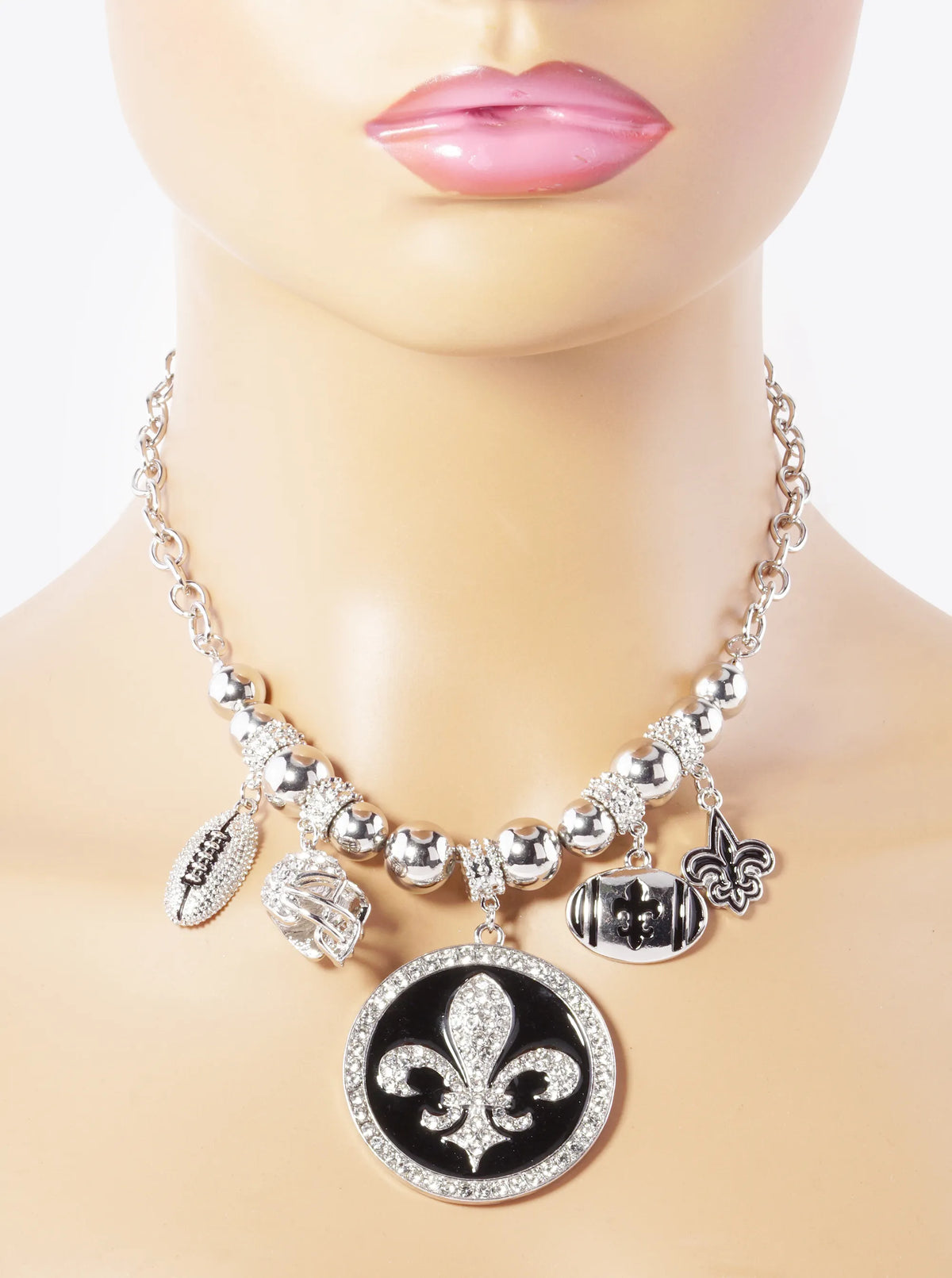 New Orleans Saints Fleur De Lis Rhinestone Football Necklace