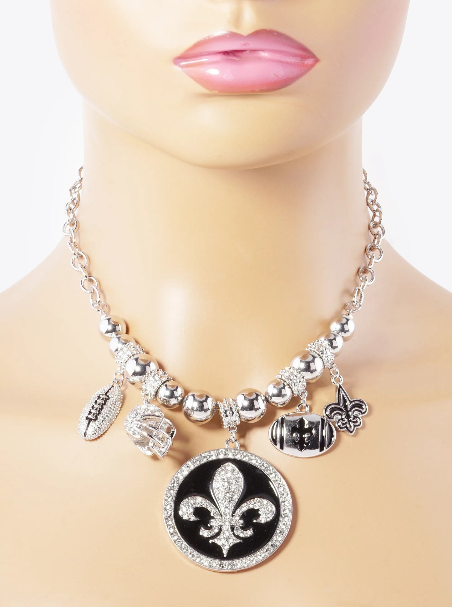 New Orleans Saints Fleur De Lis Rhinestone Football Necklace