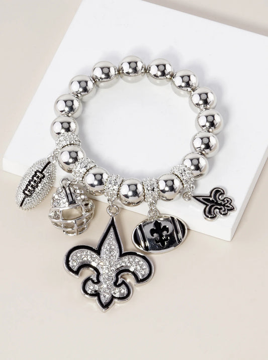 New Orleans Saints Fleur De Lis Rhinestone Football Stretch Bracelet
