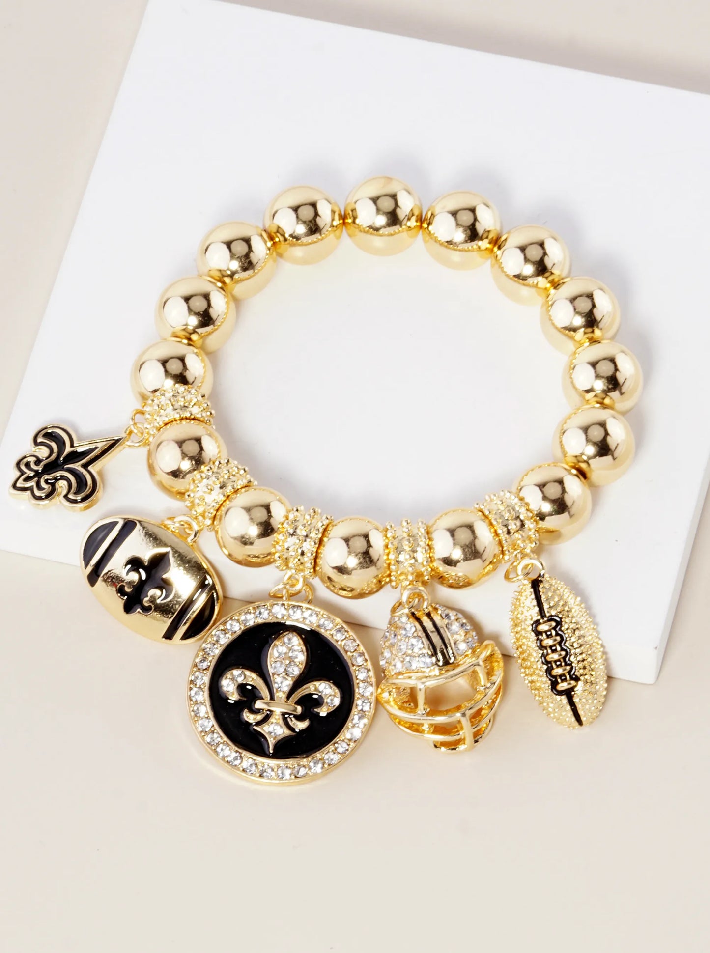 New Orleans Saints Fleur De Lis Rhinestone Football Stretch Bracelet