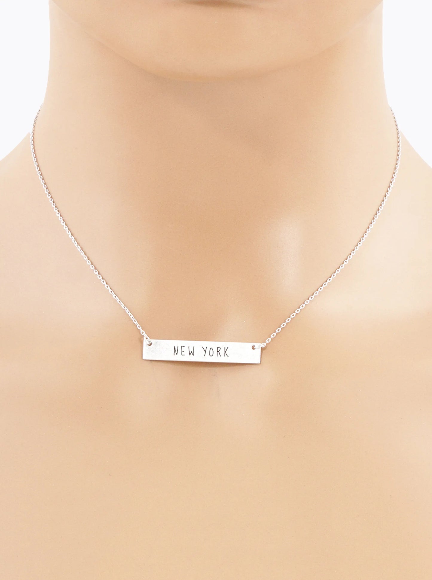 New York Engraved Horizontal Bar Pendant Necklace