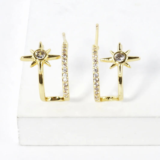North Star Dual CZ Pave Hoop Huggie Earrings
