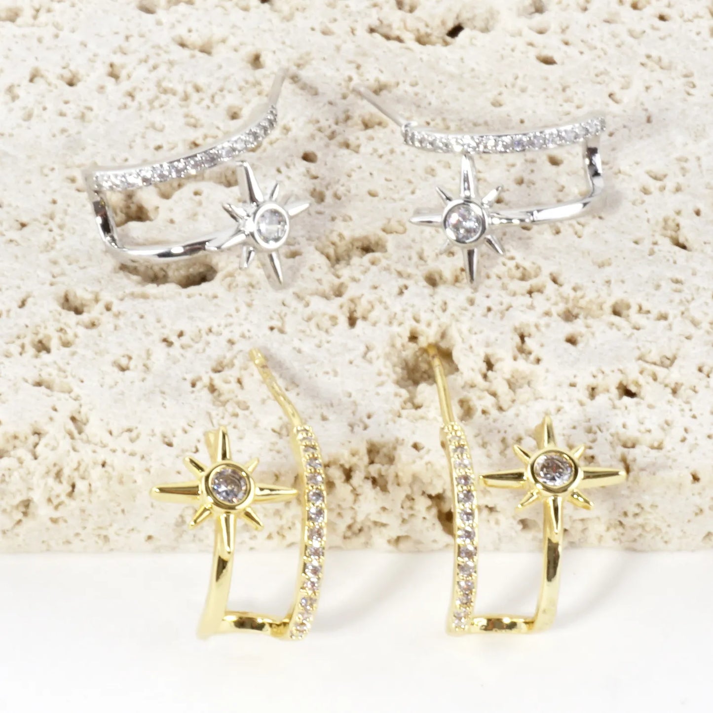 North Star Dual CZ Pave Hoop Huggie Earrings