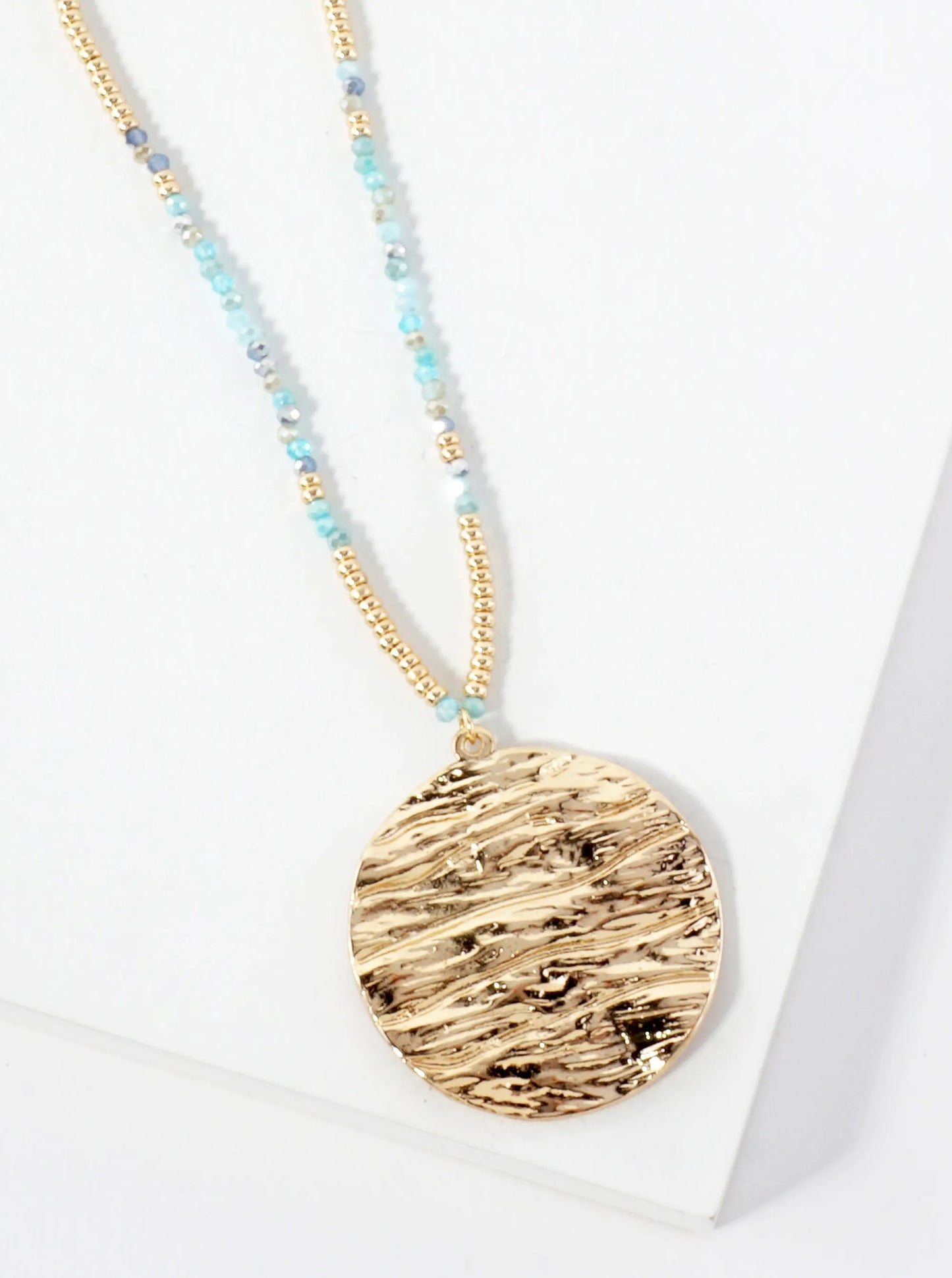 Ocean-Wave-Inspired Round Metal Pendant Glass Beaded 31-Inch Long Necklace