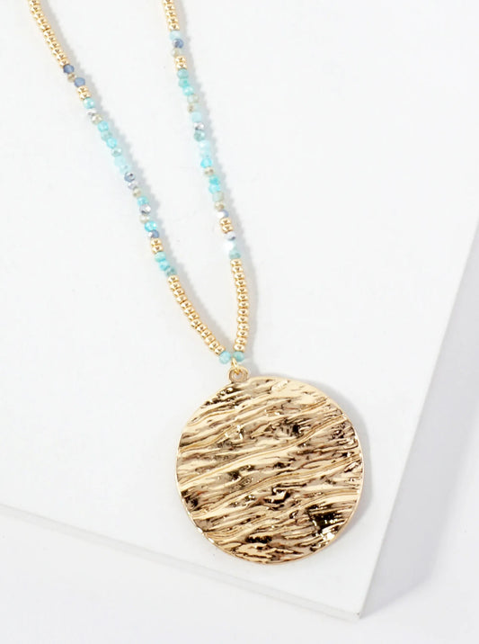 Ocean-Wave-Inspired Round Metal Pendant Glass Beaded 31-Inch Long Necklace