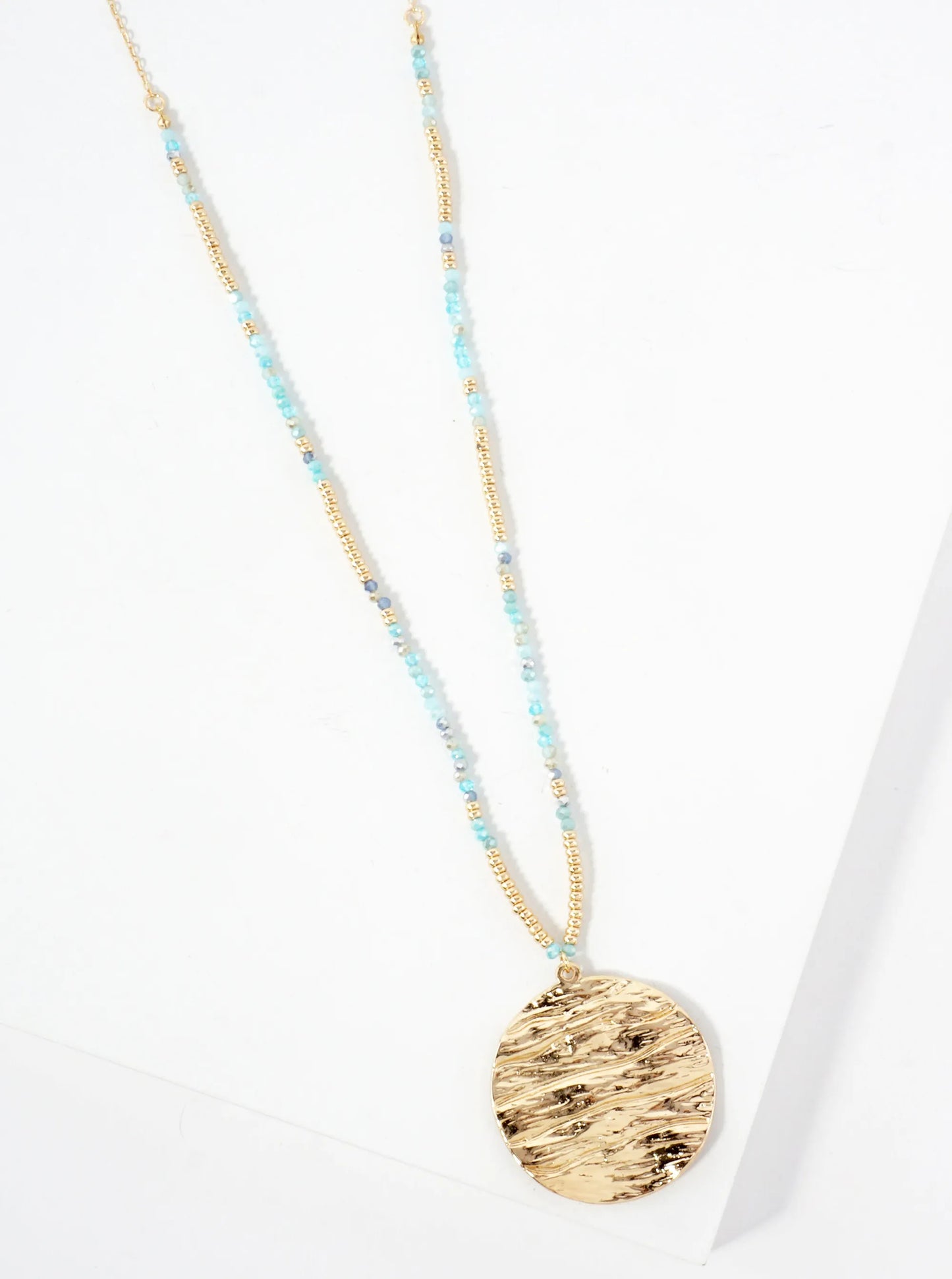 Ocean-Wave-Inspired Round Metal Pendant Glass Beaded 31-Inch Long Necklace