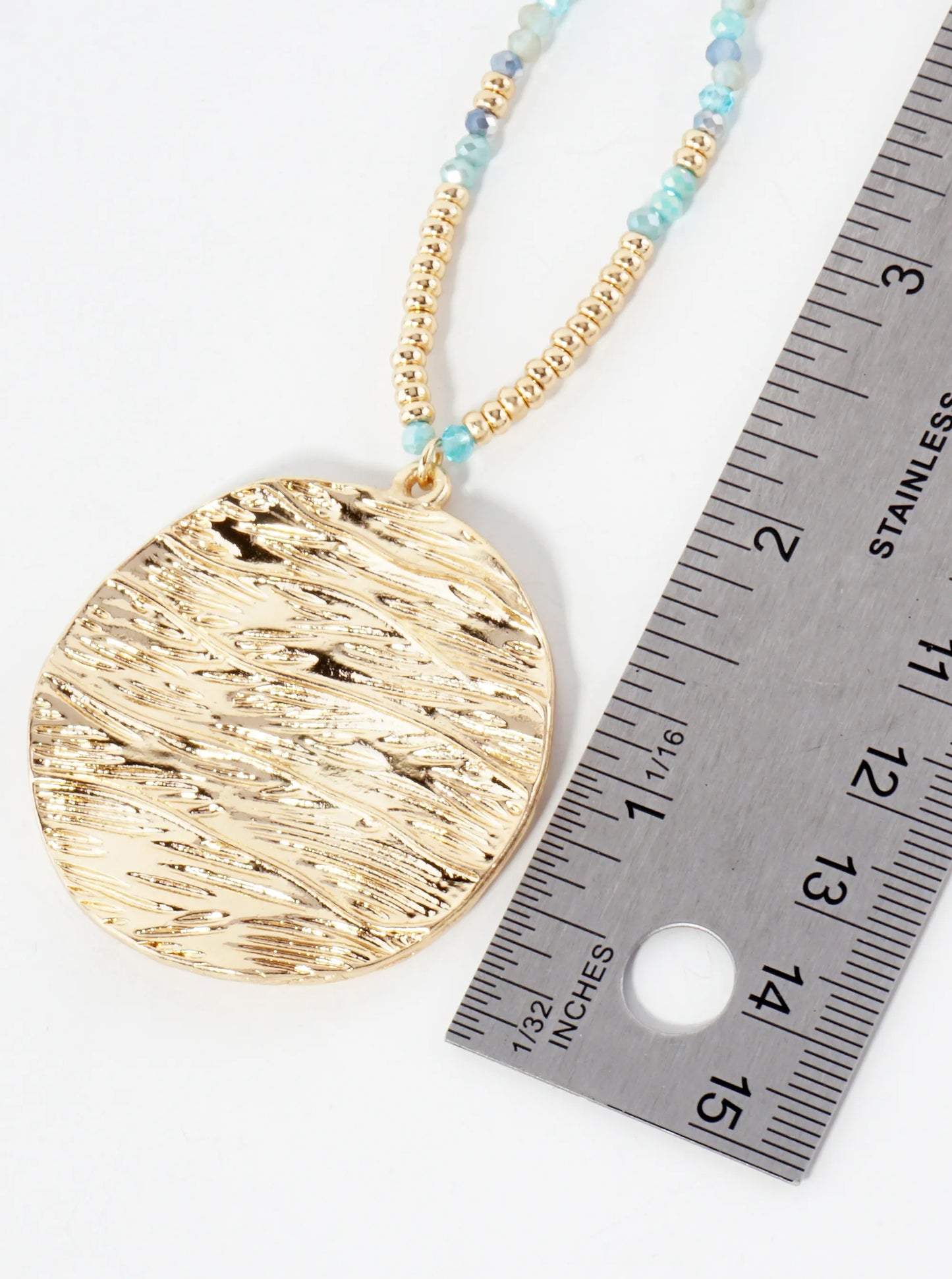 Ocean-Wave-Inspired Round Metal Pendant Glass Beaded 31-Inch Long Necklace