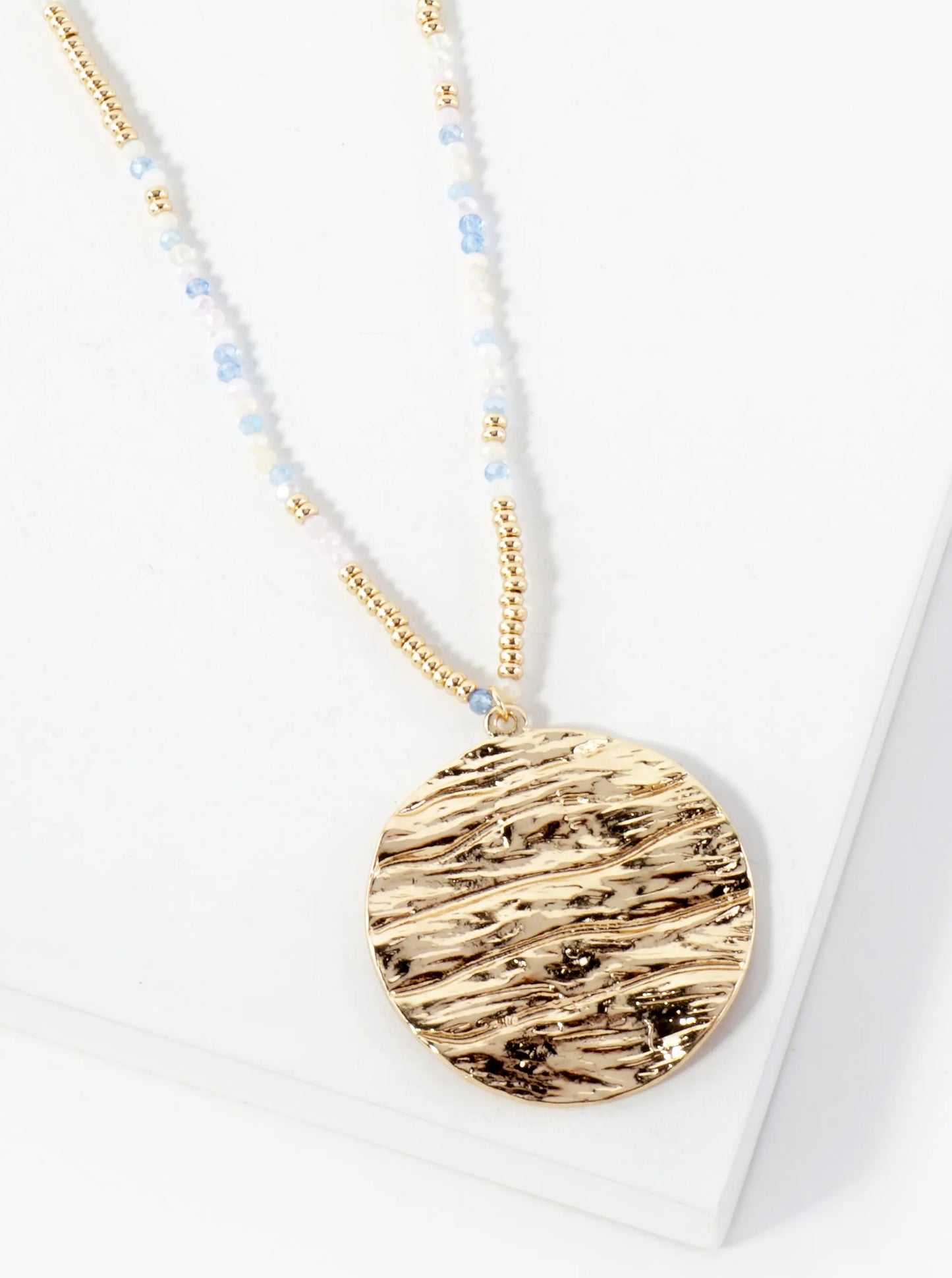 Ocean-Wave-Inspired Round Metal Pendant Glass Beaded 31-Inch Long Necklace