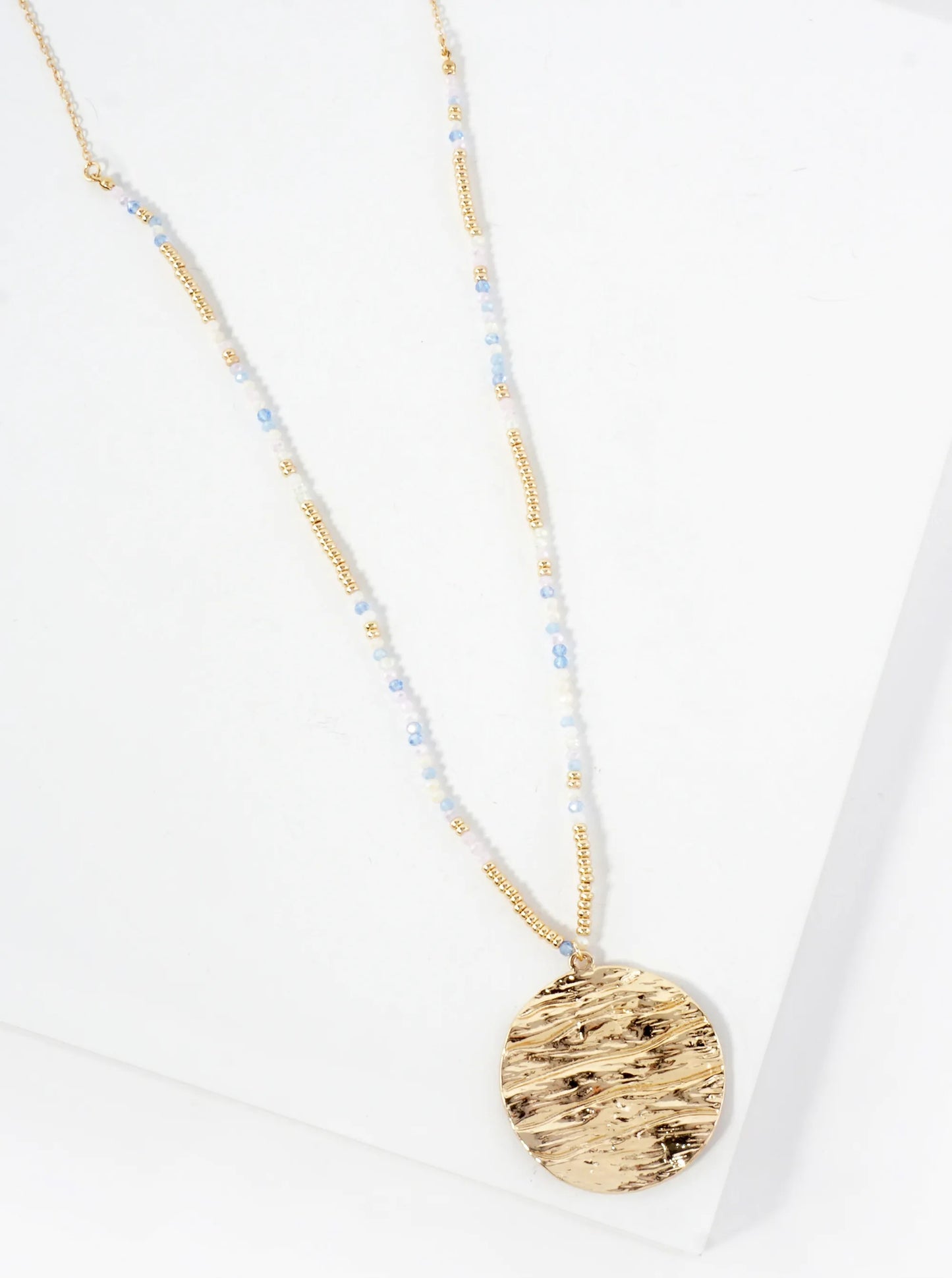 Ocean-Wave-Inspired Round Metal Pendant Glass Beaded 31-Inch Long Necklace
