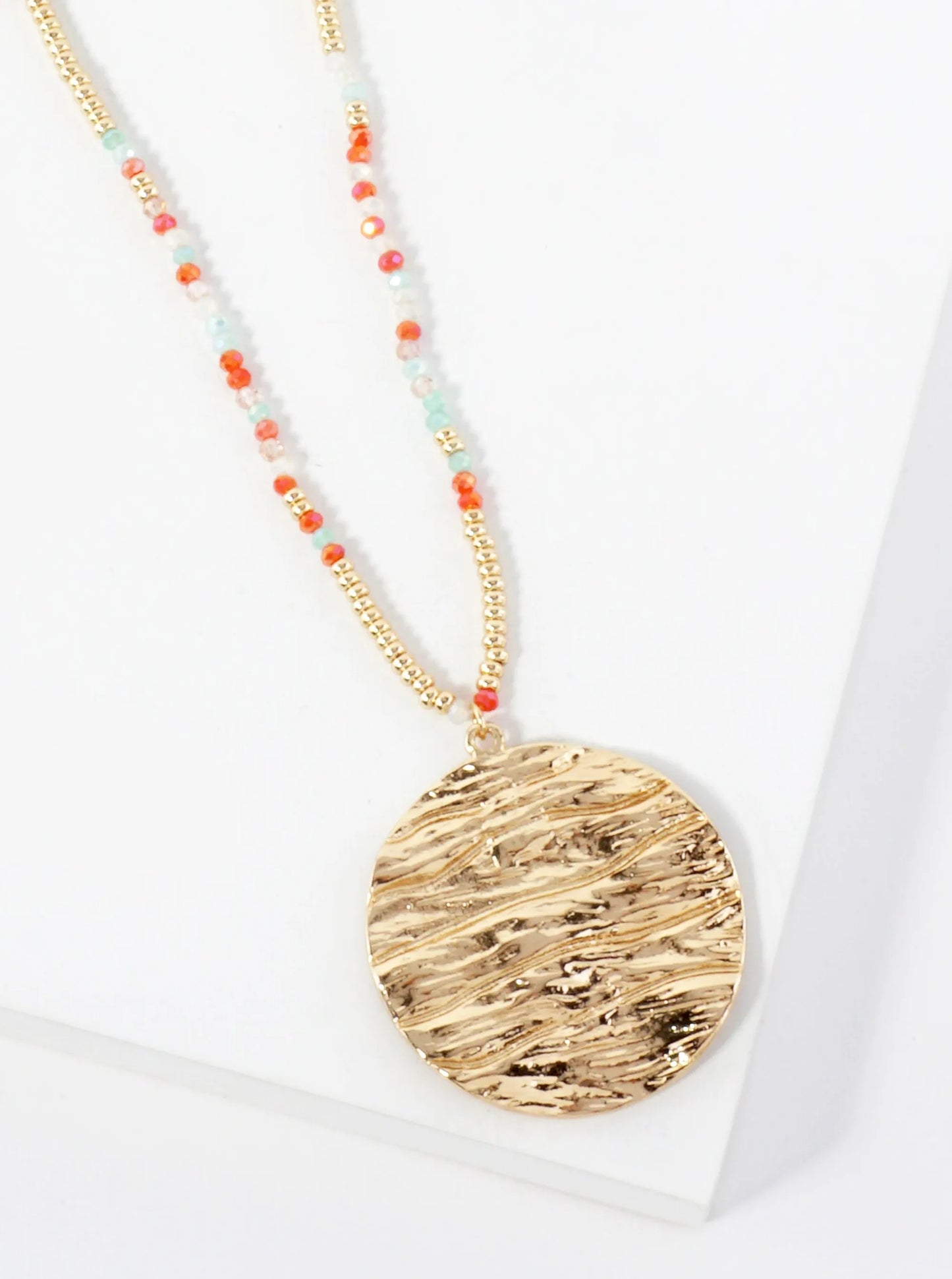 Ocean-Wave-Inspired Round Metal Pendant Glass Beaded 31-Inch Long Necklace