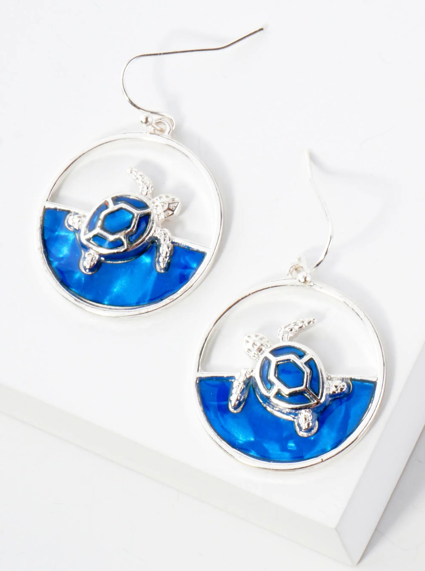 Ocean Wave Inspired Turtle Inside Round Sea-Life Dangle Earrings