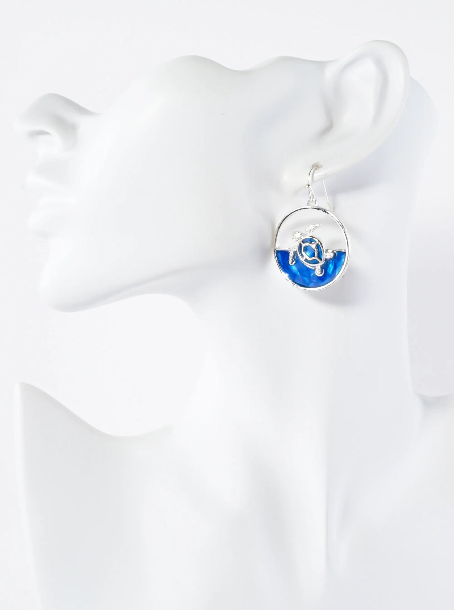 Ocean Wave Inspired Turtle Inside Round Sea-Life Dangle Earrings