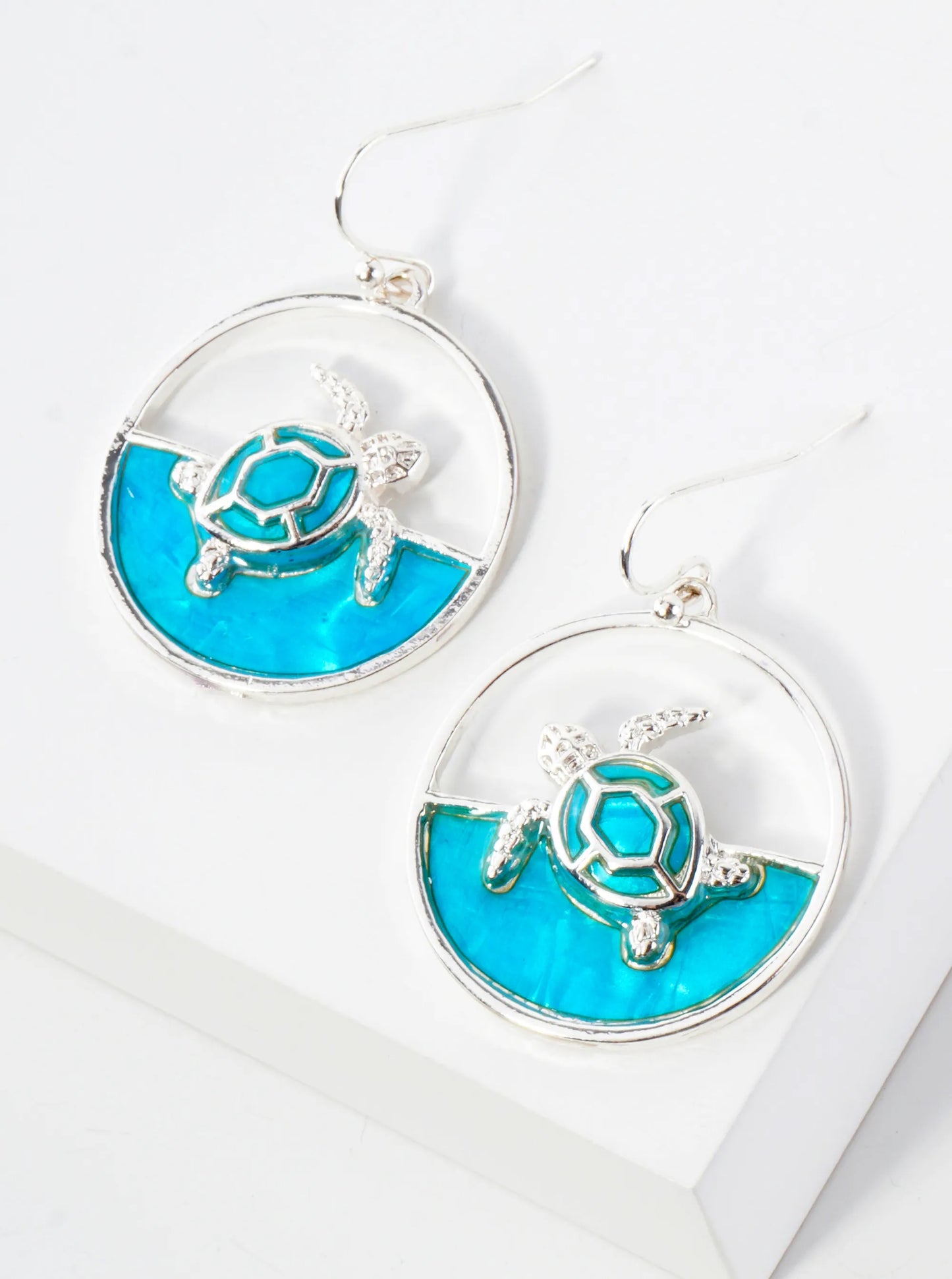 Ocean Wave Inspired Turtle Inside Round Sea-Life Dangle Earrings