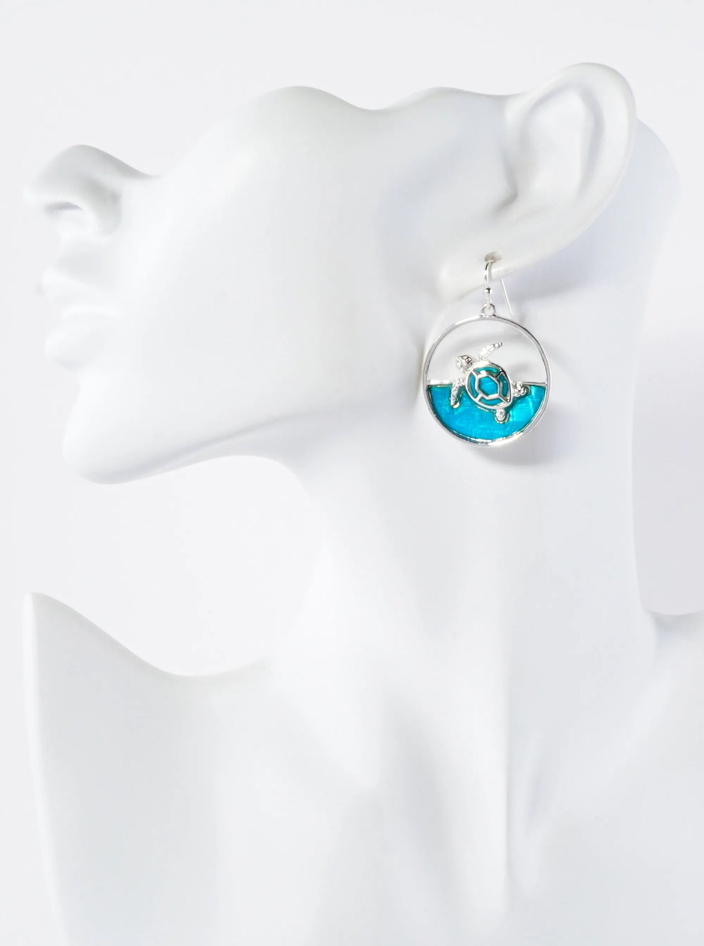 Ocean Wave Inspired Turtle Inside Round Sea-Life Dangle Earrings