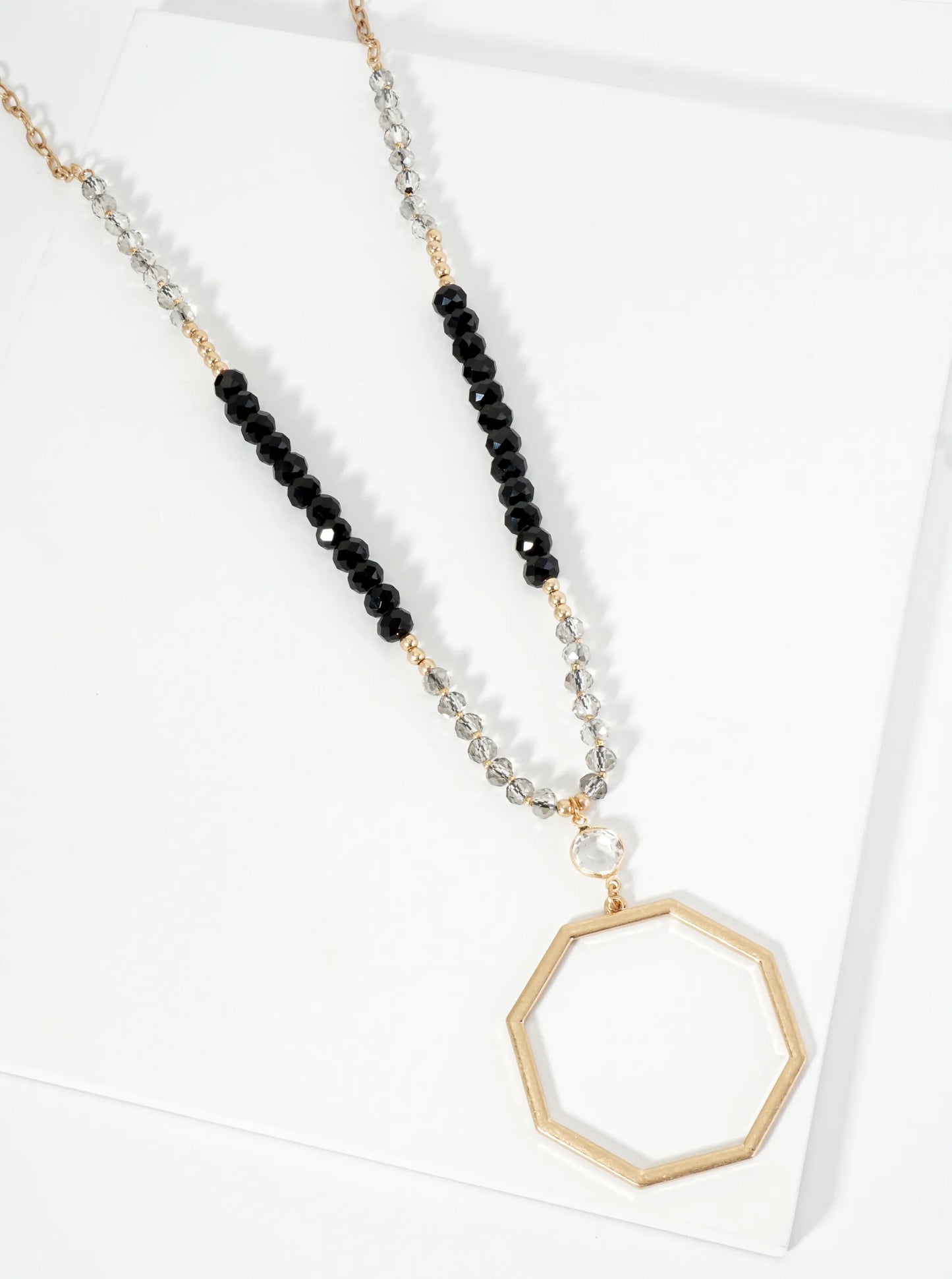 Octagon Pendant Glass Beaded Chain 33 Inch Long Necklace