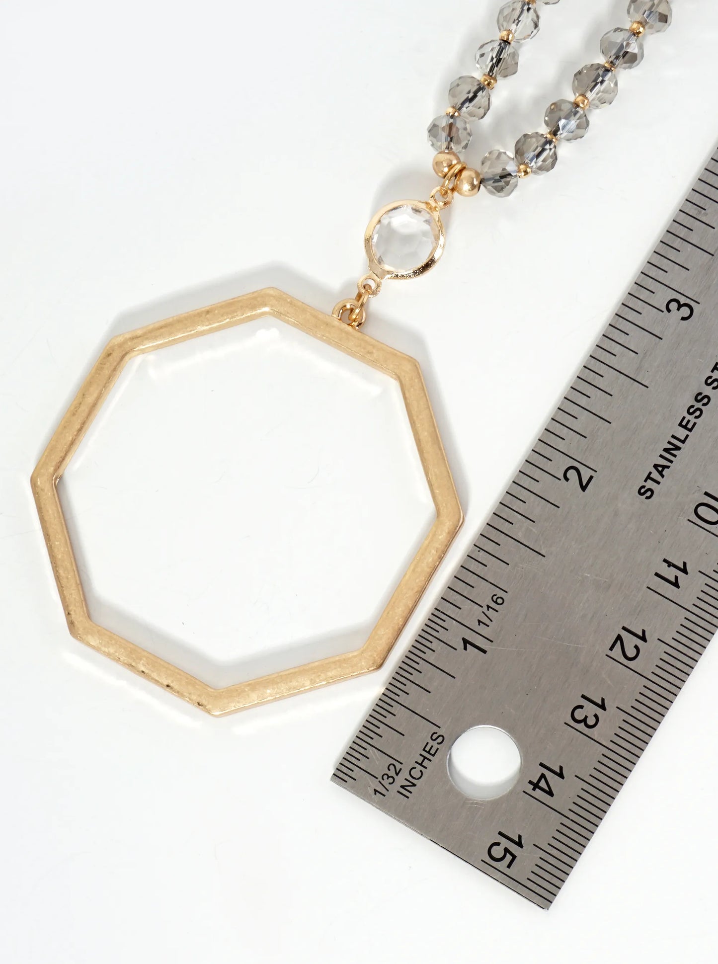 Octagon Pendant Glass Beaded Chain 33 Inch Long Necklace