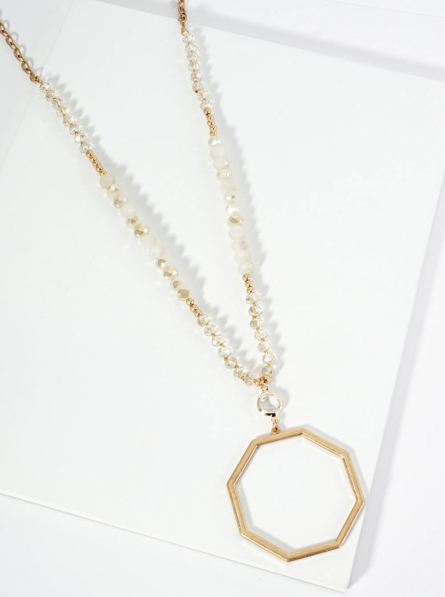 Octagon Pendant Glass Beaded Chain 33 Inch Long Necklace