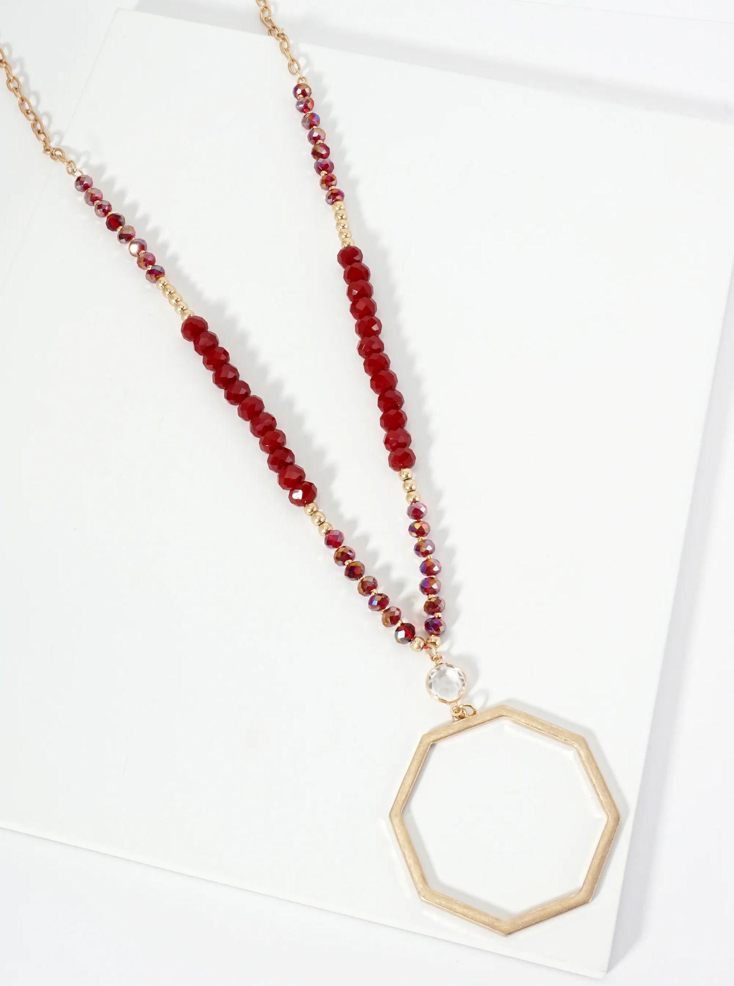 Octagon Pendant Glass Beaded Chain 33 Inch Long Necklace