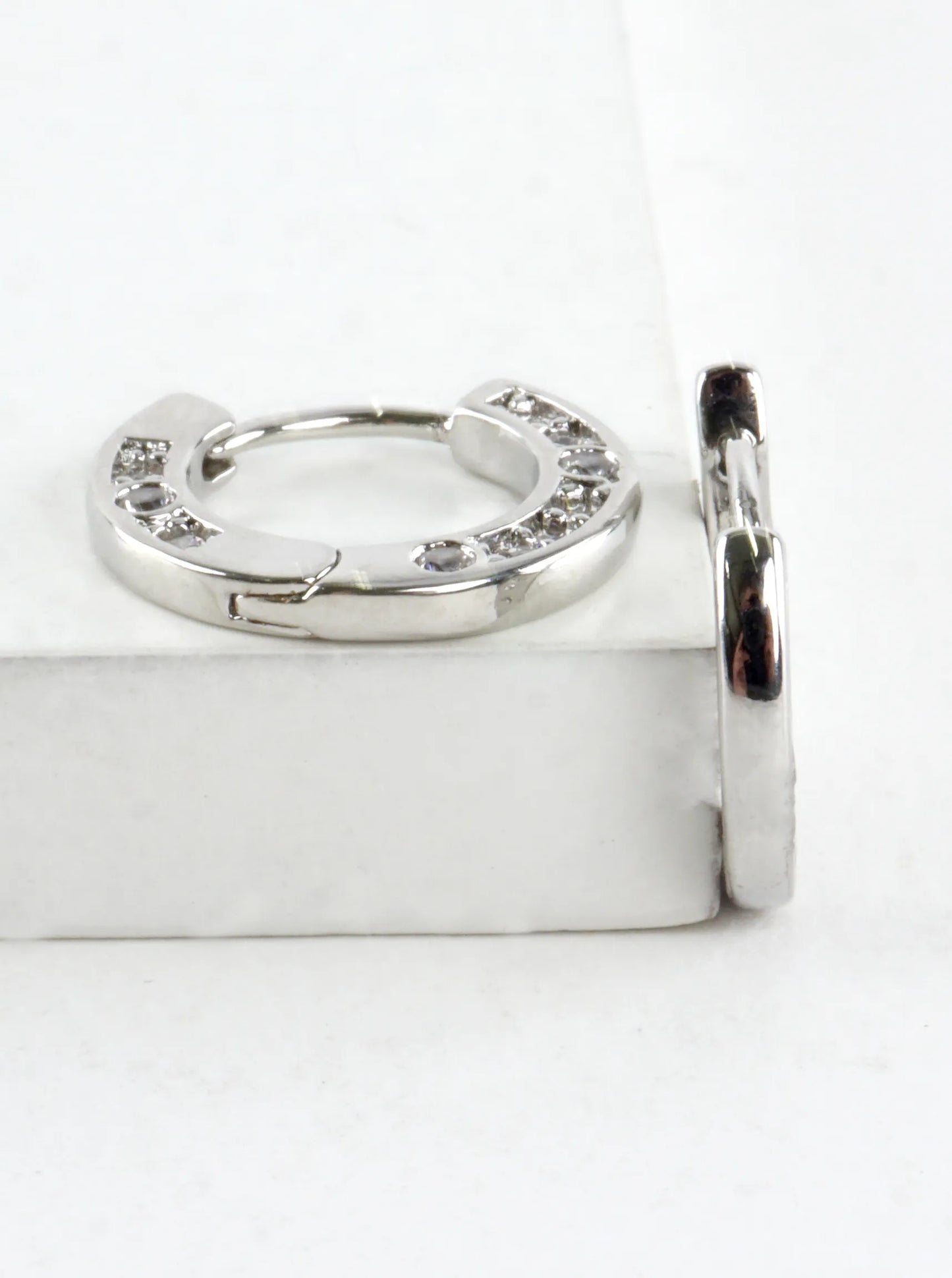 One-Side CZ Pave Flat Huggie Hoop Earrings