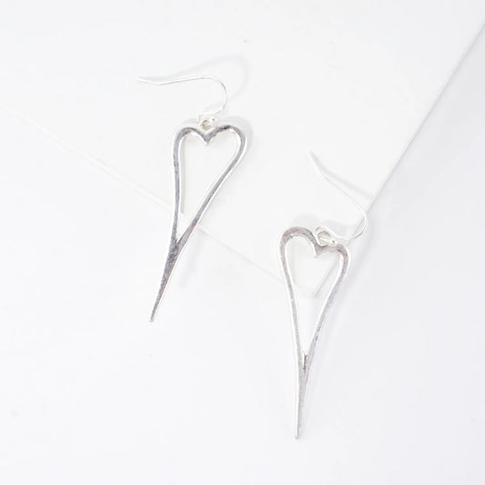 Organic Hammered Skinny Heart Dangle Earrings