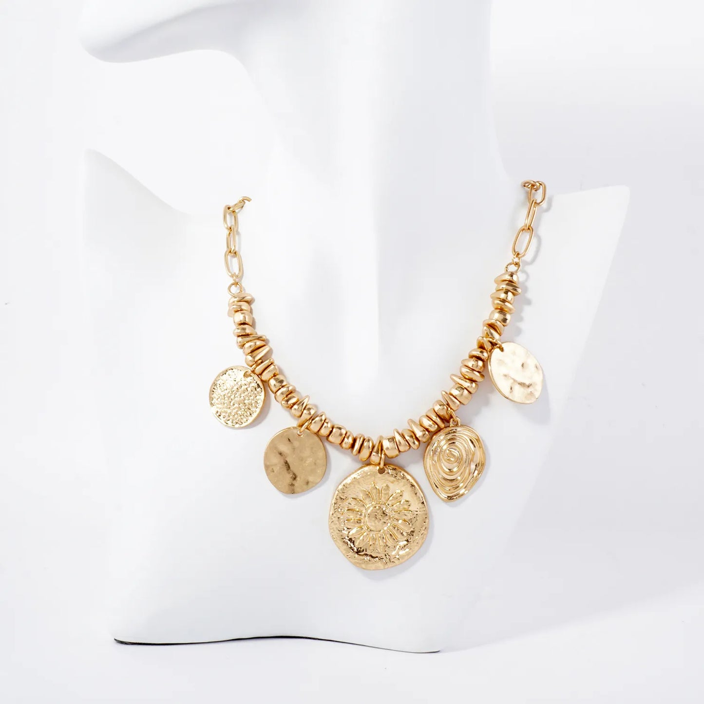 Organic-Hammered Sun And Spiral Charm Necklace