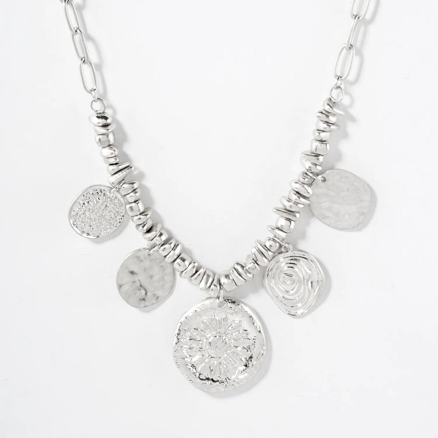 Organic-Hammered Sun And Spiral Charm Necklace