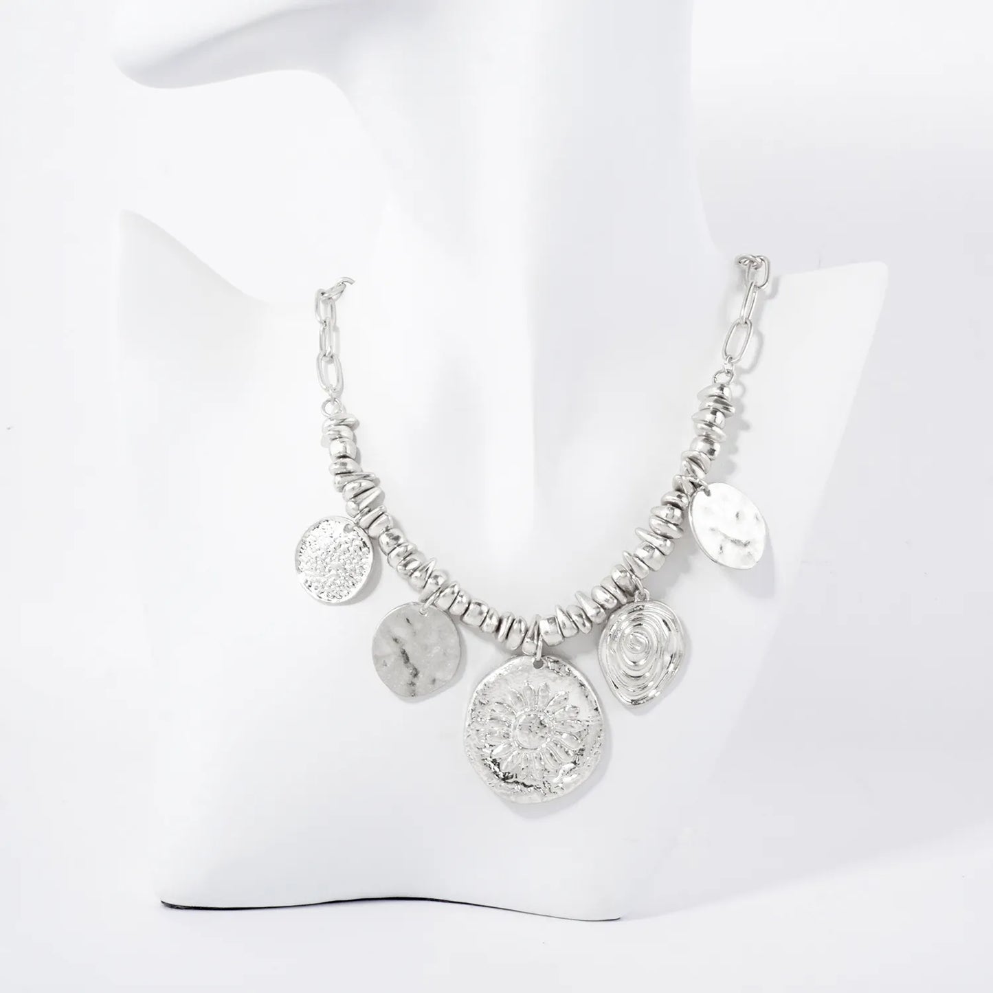 Organic-Hammered Sun And Spiral Charm Necklace