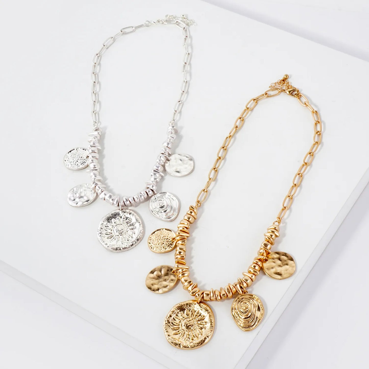 Organic-Hammered Sun And Spiral Charm Necklace
