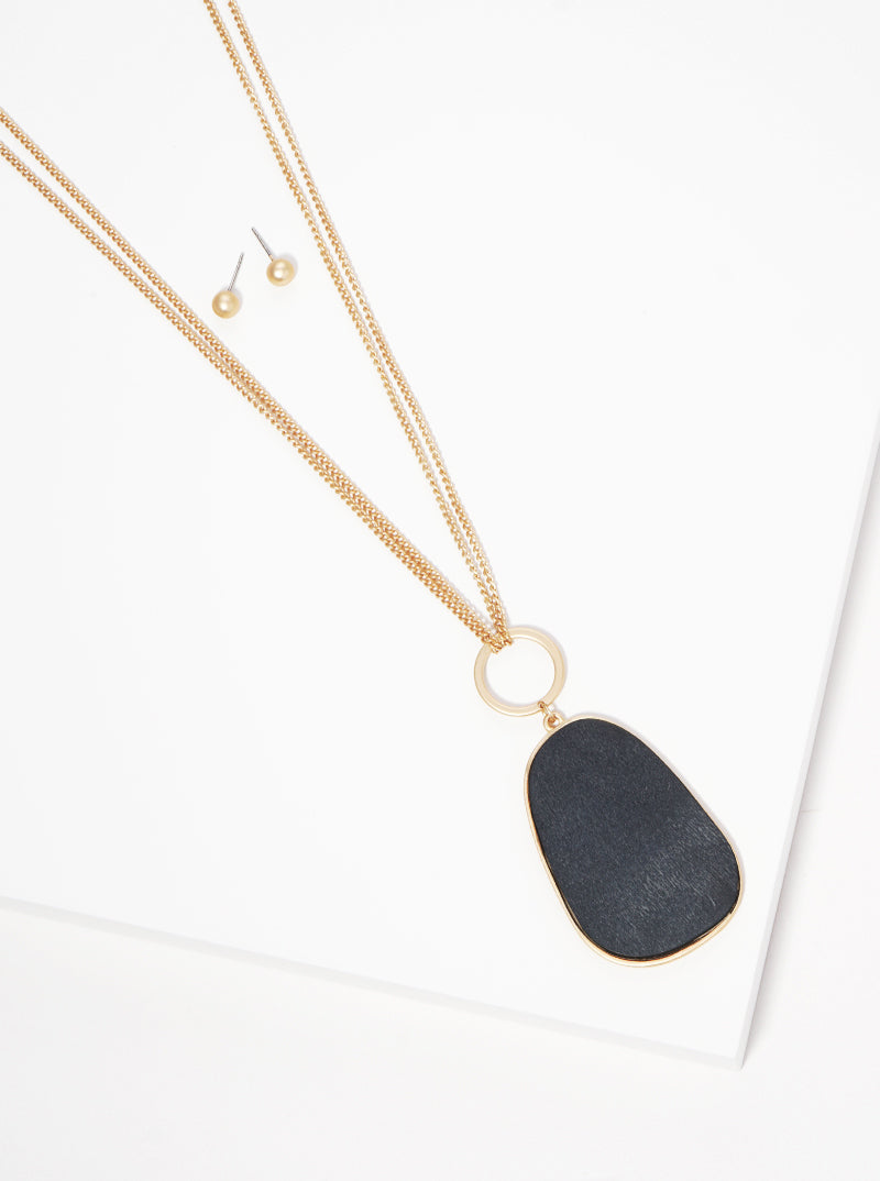 Organic Shaped Wooden Pendant Long Necklace Set With Earrings