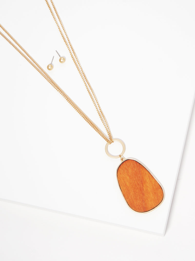 Organic Shaped Wooden Pendant Long Necklace Set With Earrings