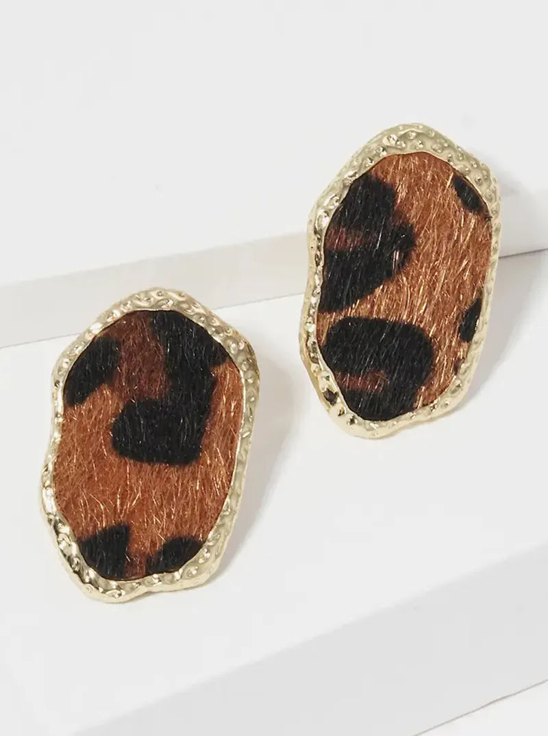 Organic Shaped Leopard Animal Printed Leatherette Post Stud Earrings