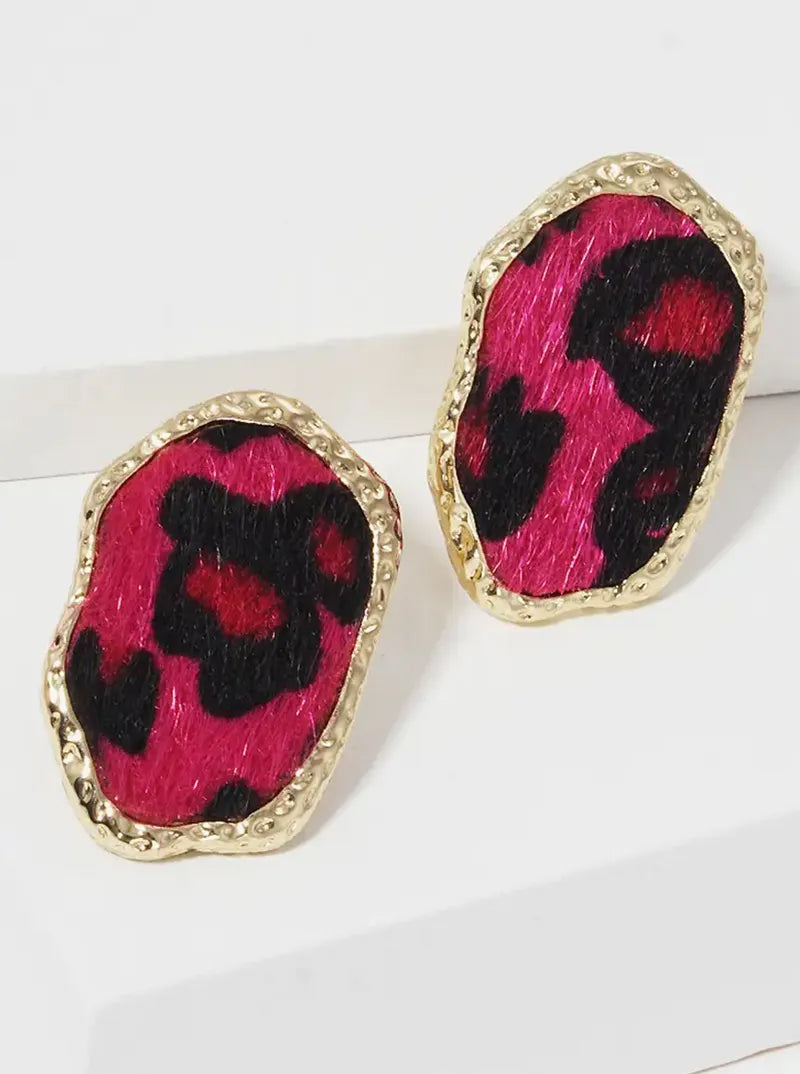 Organic Shaped Leopard Animal Printed Leatherette Post Stud Earrings